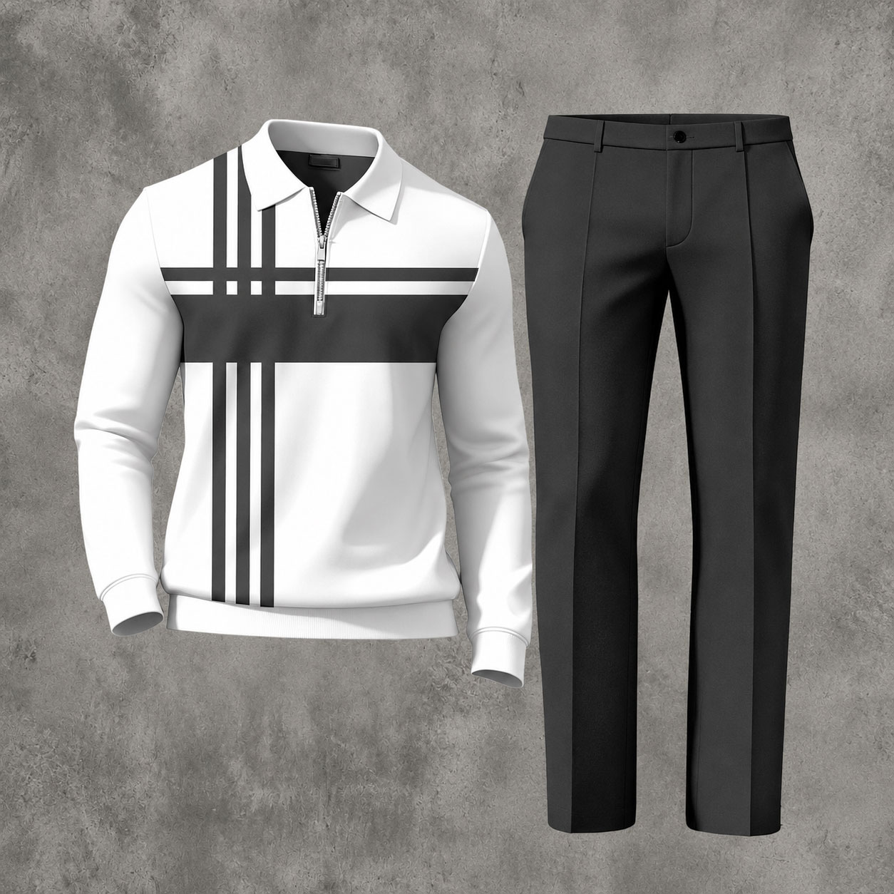 Men's Casual Maroon & White Color Matching Striped Printed Polo-Collar Zipper Long Sleeved Trousers Two-Piece Set