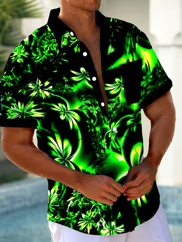 FIP Hawaiian Floral 3D Print Men's Button Pocket Short Sleeve Shirt