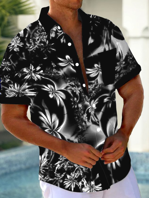 FIP Hawaiian Floral 3D Print Men's Button Pocket Short Sleeve Shirt