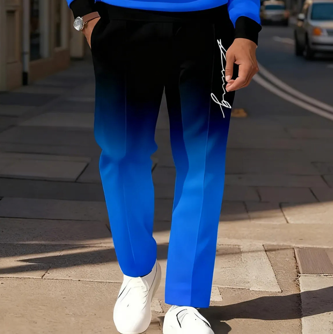 Men's Casual Color-Blocked Long-Sleeve Polo Shirt and Trousers Set