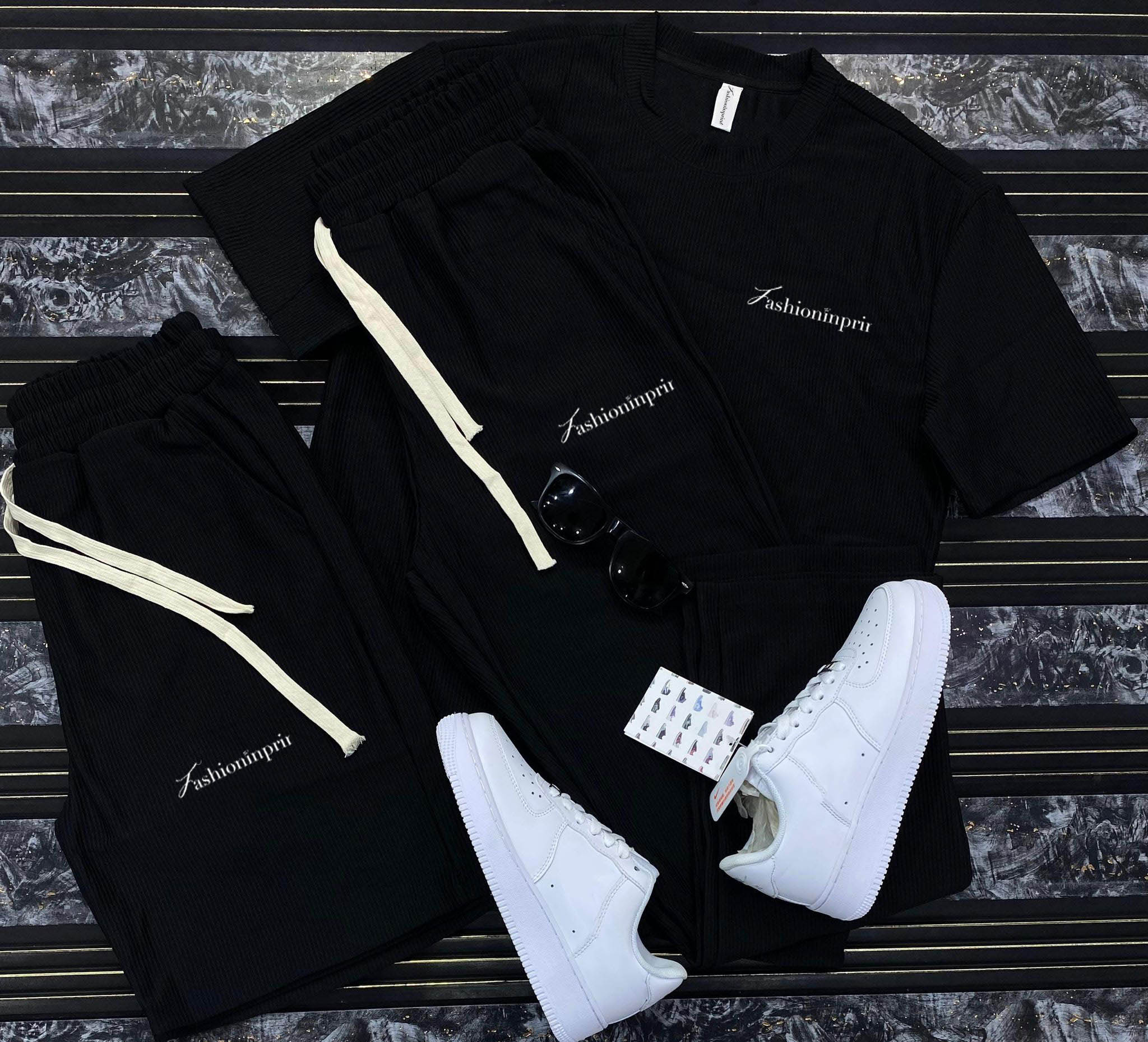 Men's Casual Solid Color Striped Short Sleeves Black T-Shirt & Shorts And Pants Three Piece Set