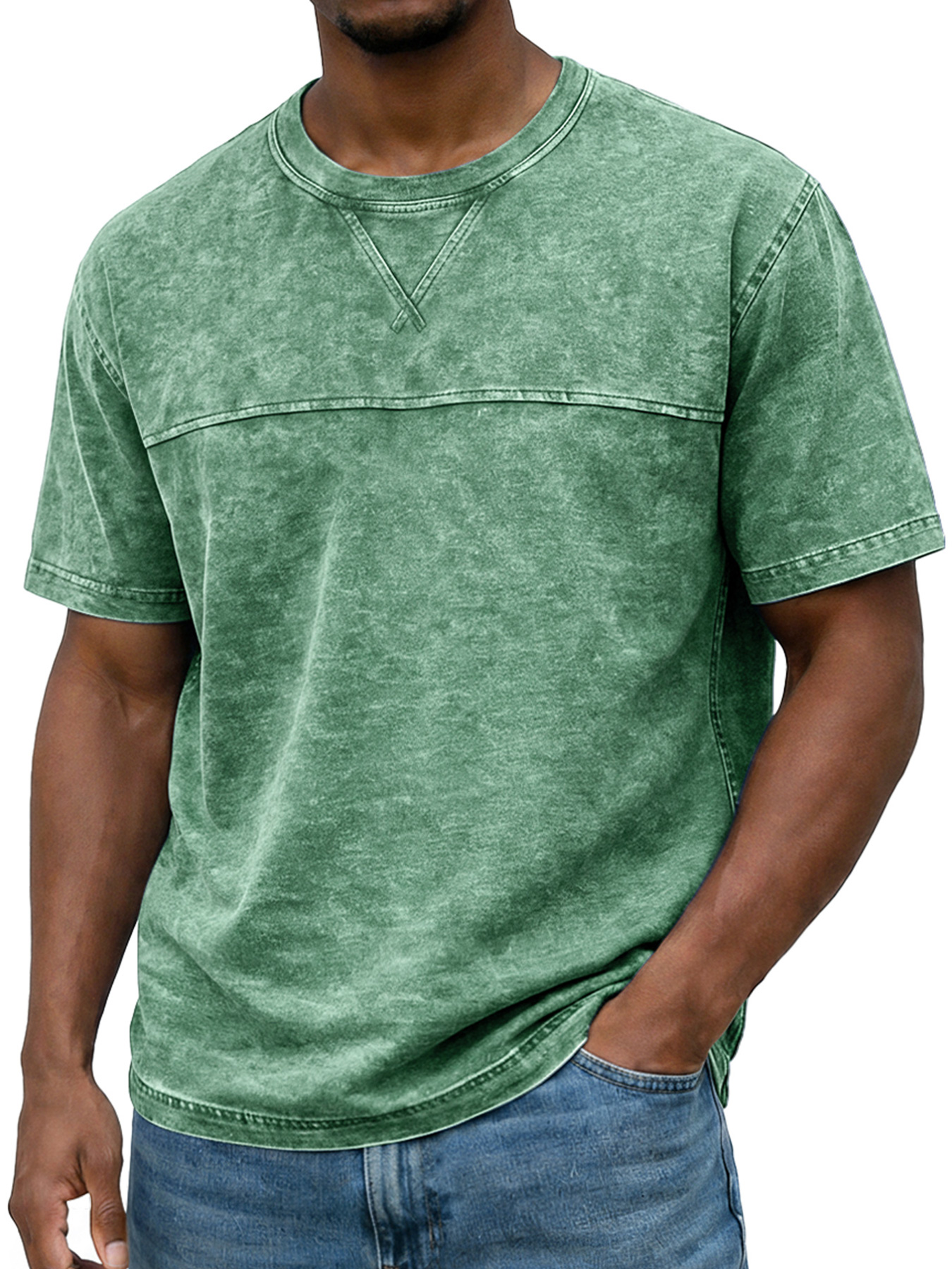 Men's Vintage Round Neck Short-sleeved T-shirt With Contrasting Stitching Design