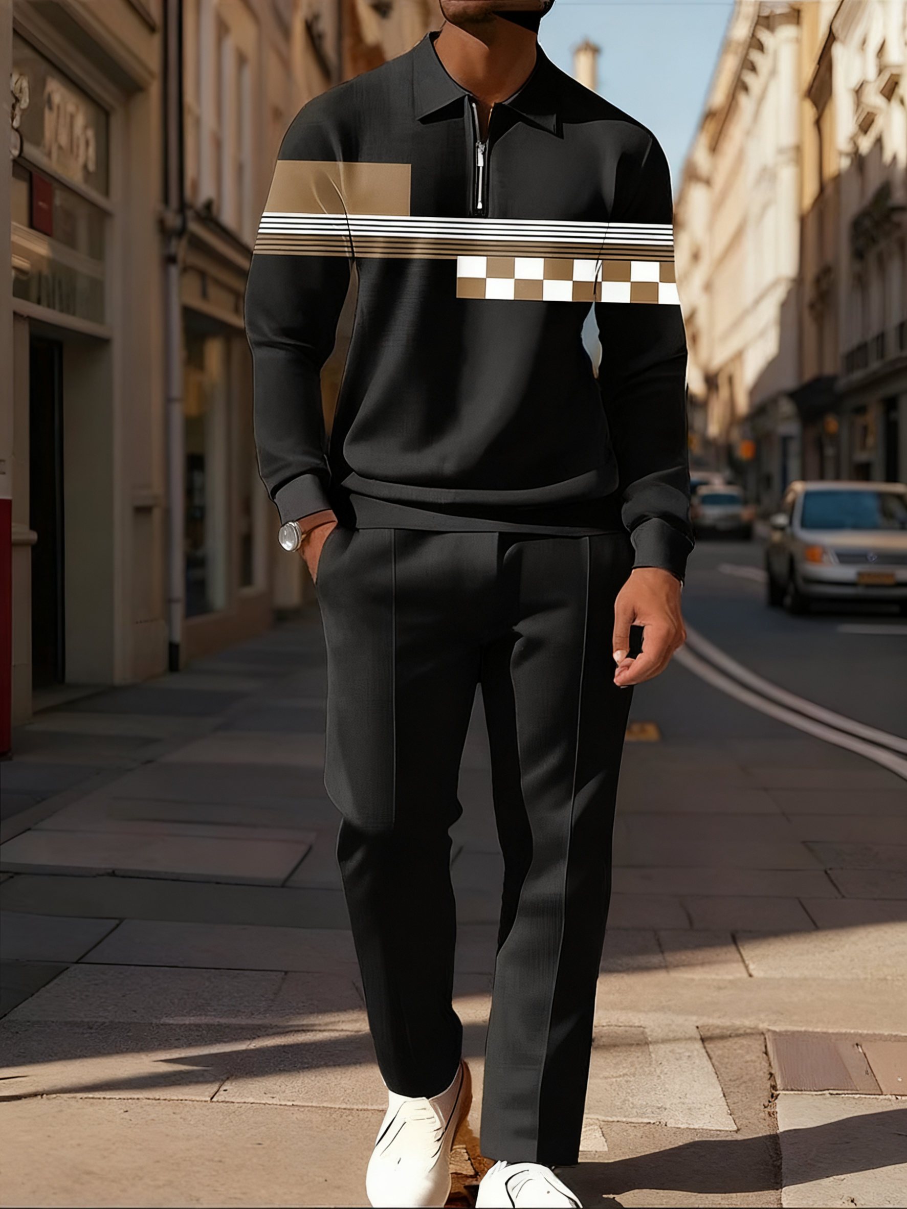 Men's Simple Khaki Black White Color Block Printed POLO Long-sleeved Trousers Two-piece Set