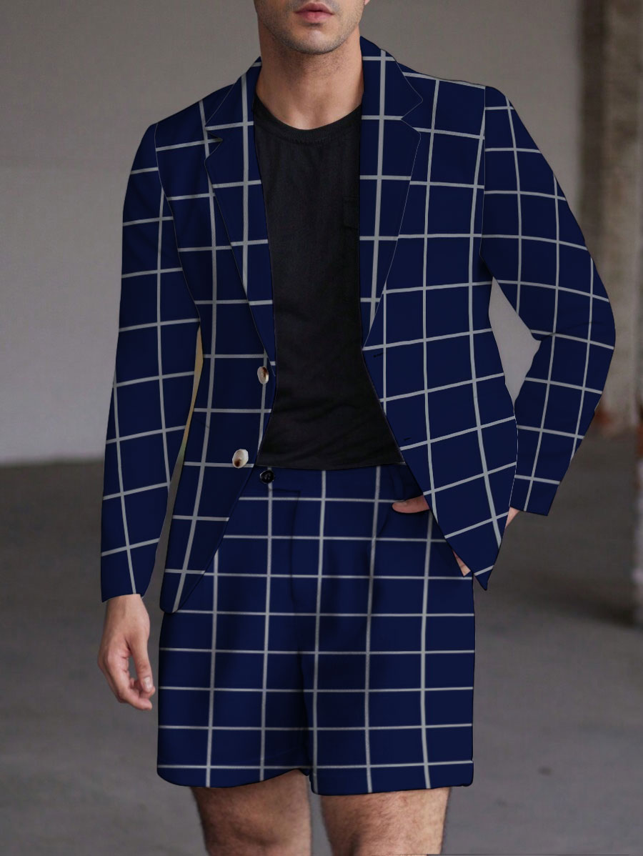 Men's Fashion Business Casual Geometric Printed Lapel Collar Long-Sleeved Two-Piece Suits