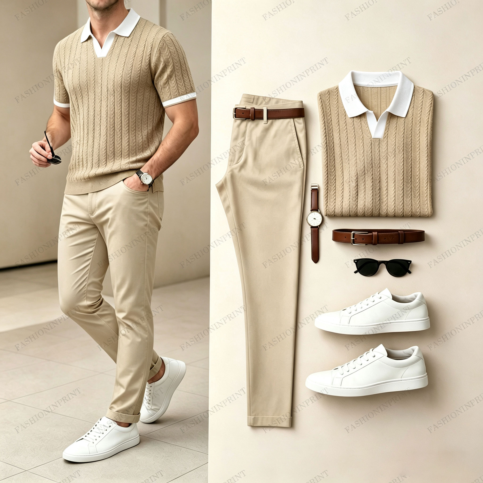 Men's Ice Silk V-Neck Knit Short-Sleeve Polo Shirt and Pants Two-Piece Set (Accessories Not Included)
