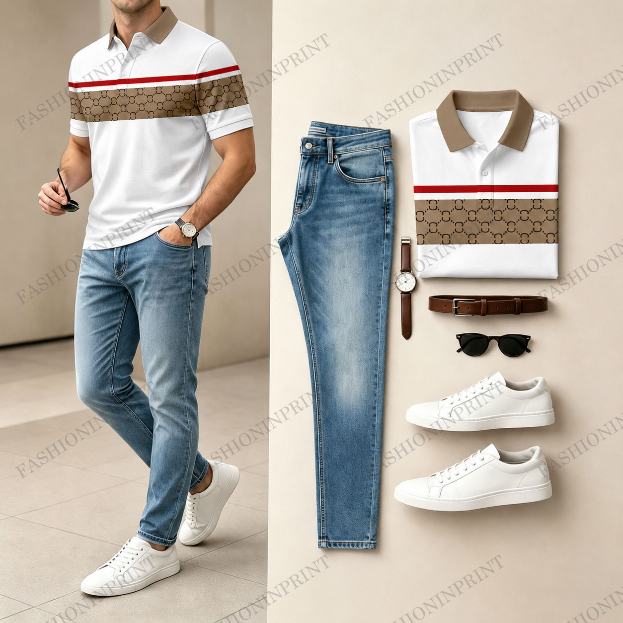 Men's Casual Short-Sleeve Polo Shirt With Double “C” Strap Print On The Chest And Jeans Two-Piece Set (Does Not Include Accessories Such As Watches Or Glasses)208160