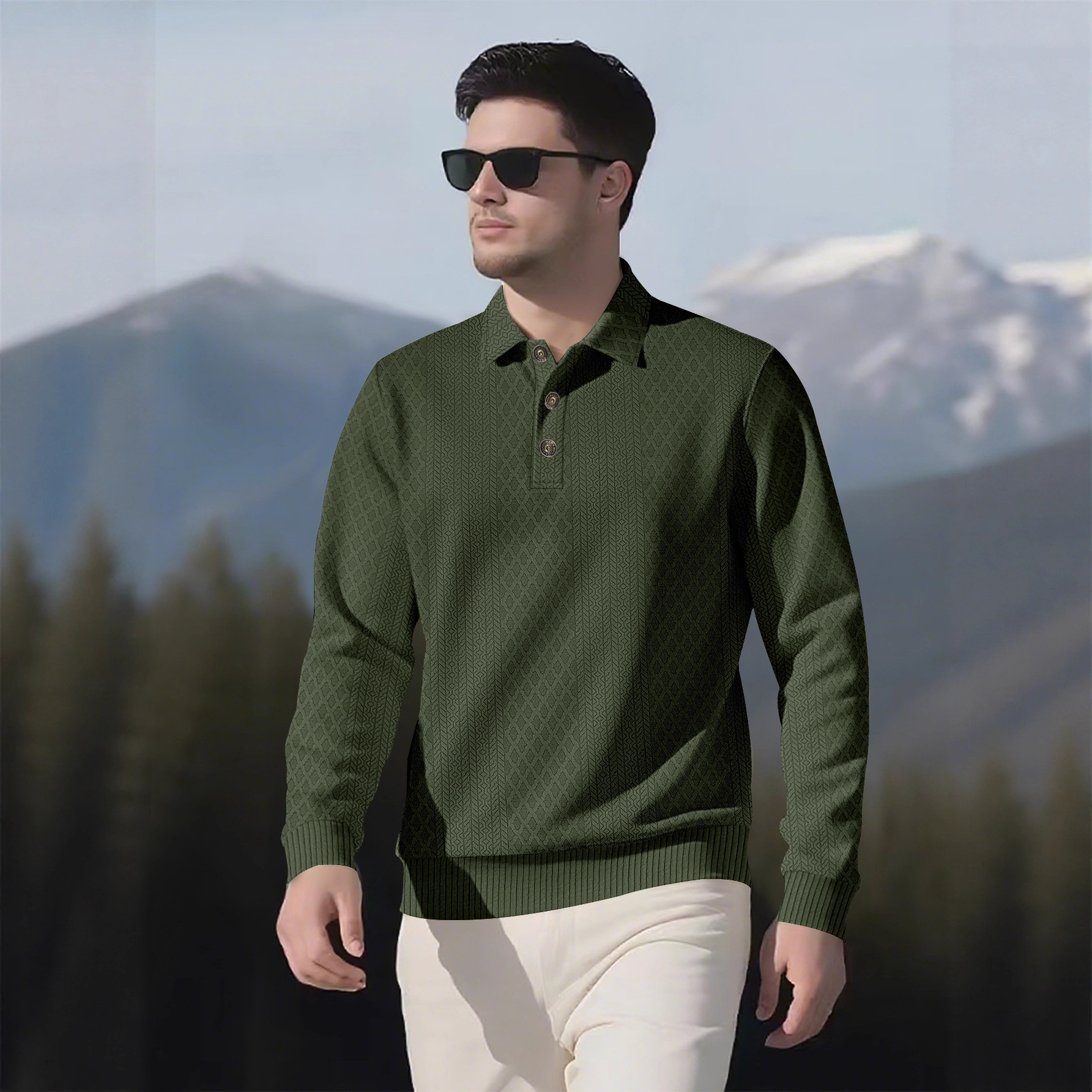 Men's Casual Solid Color Lapel-Collar Long Sleeved Jacquard Polo Shirts