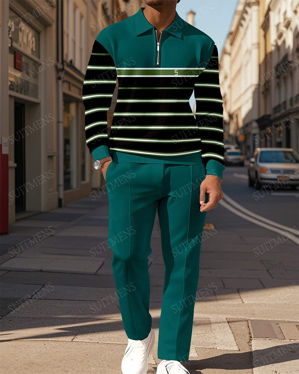 Men's Casual Colorblock Personalized Long Sleeve Polo Shirt Set  0015