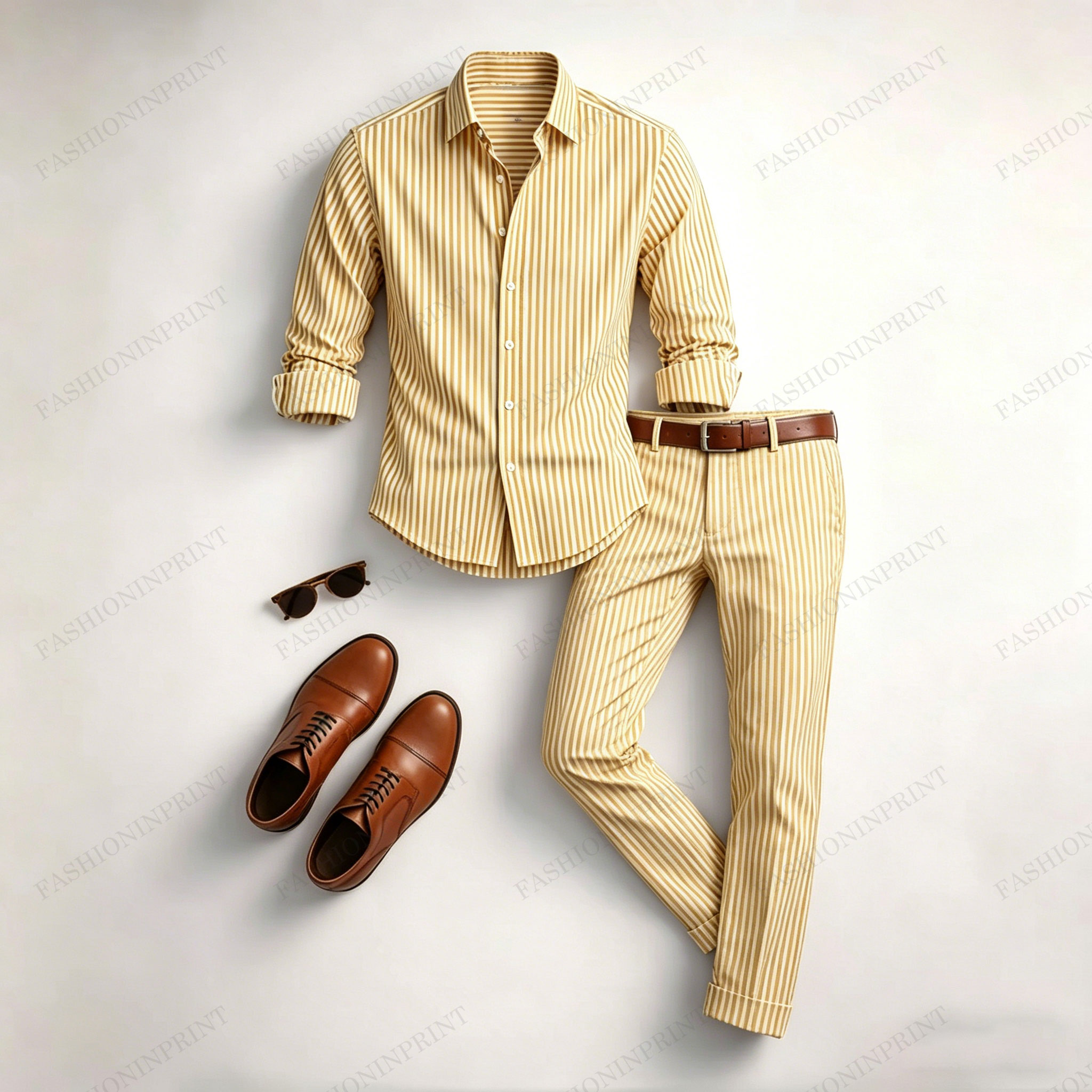 Men's Casual Color Matching Geometric Printed Long Sleeved Shirt & Trousers Two-Piece Set
