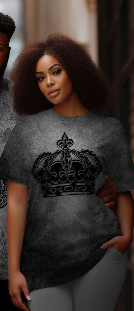 Couple Large Size Ace of Spades Crown Round Neck Short Sleeve T-Shirt