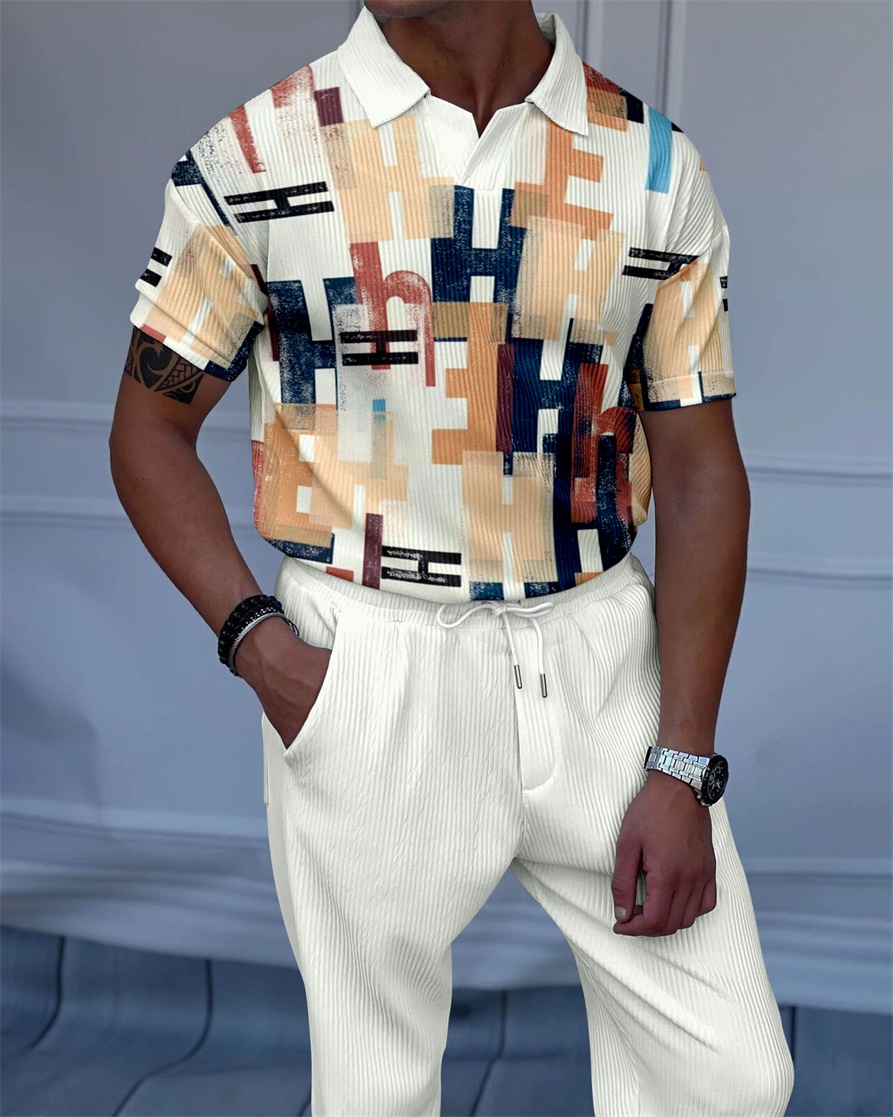Men's Luxury Casual Textured Polo Short Sleeve Suit - 114