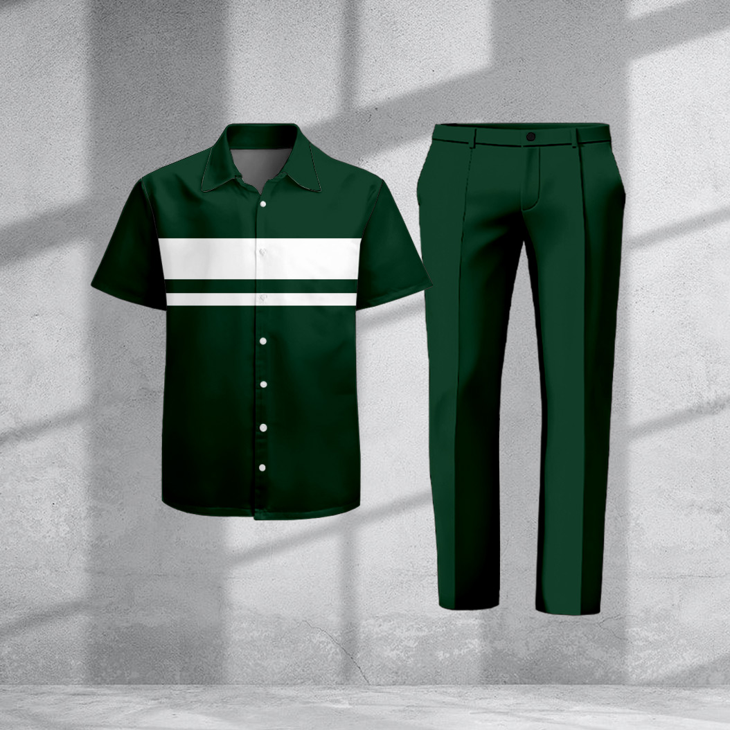 Men's Casual Color Block Print Short-Sleeve Shirt And Pants Two-Piece Set