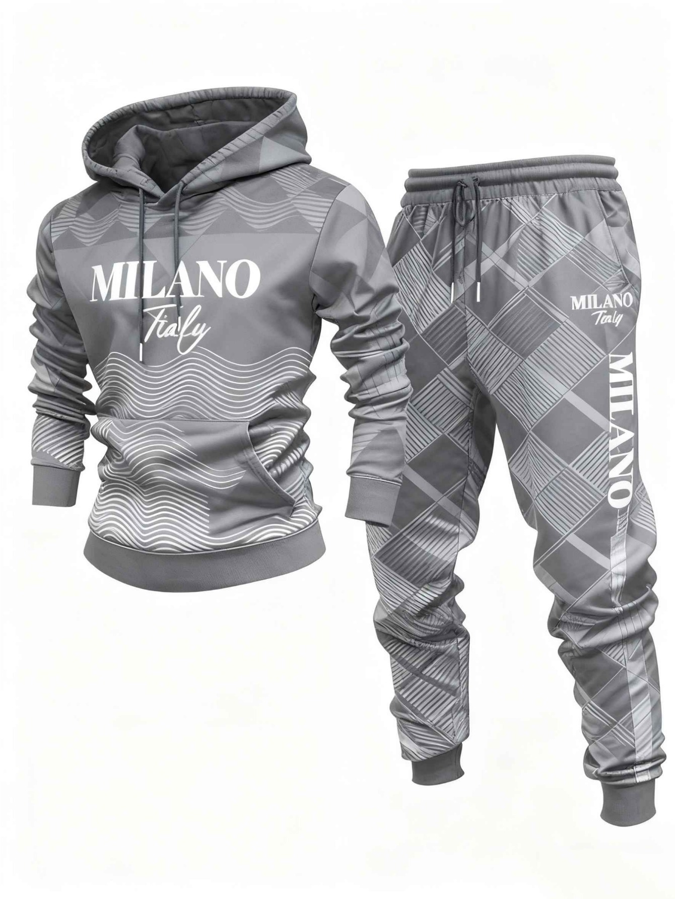 Men's Casual Gray & White Color Geometrc Printed Hoodies Long Sleeved Sweatshirts & Sweatpants Two-Piece Set