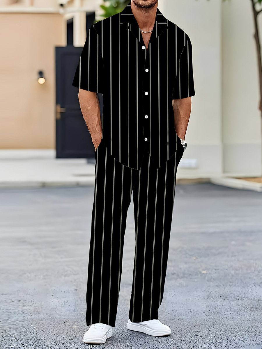 Men's Casual Color Matching Striped Printed Short Sleeved Shirt & Trousers Two Piece Set