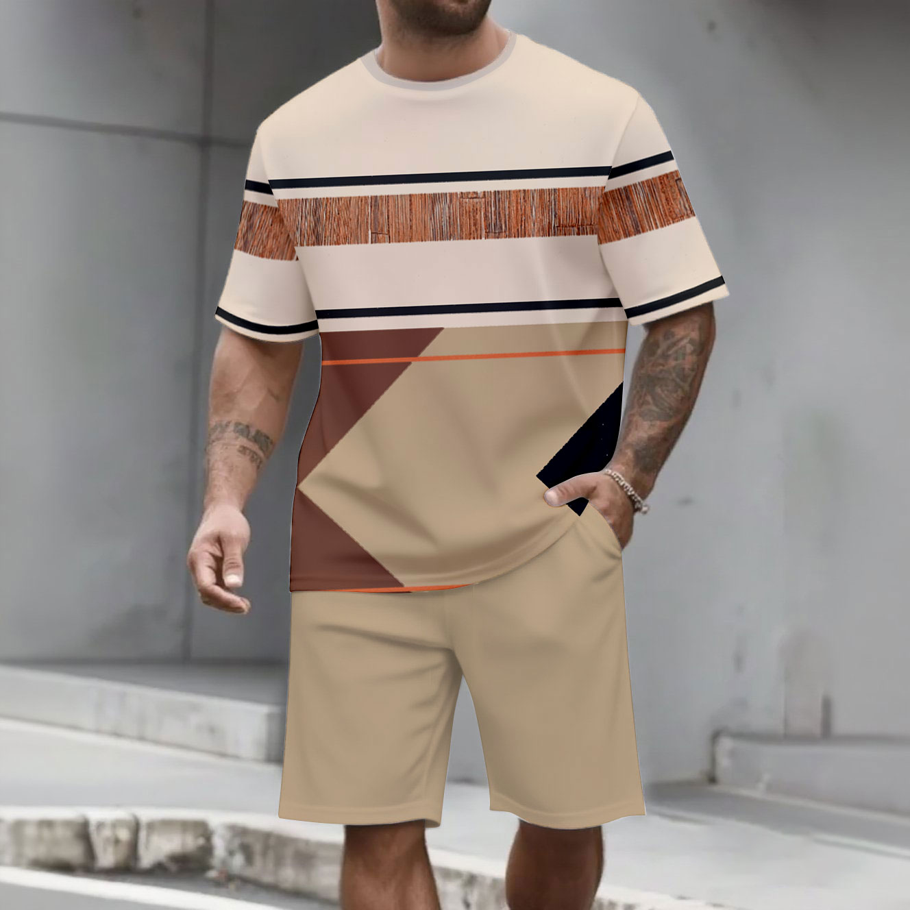 Men's Fashion Casual Color Matching Printed Short-Sleeved Two-Piece Set