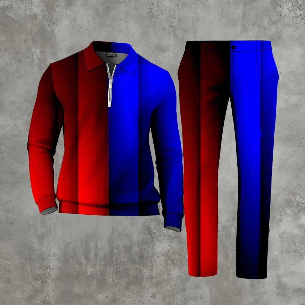 Men's Casual Color Matching Printed Polo-Collar Zipper Long Sleeved Trousers Two-Piece Set