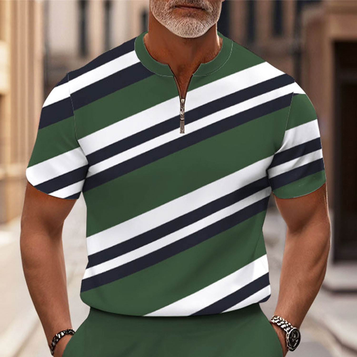 Men's Fashion Casual Round-Neck Geometric Printed Short-Sleeved Two-Piece Set