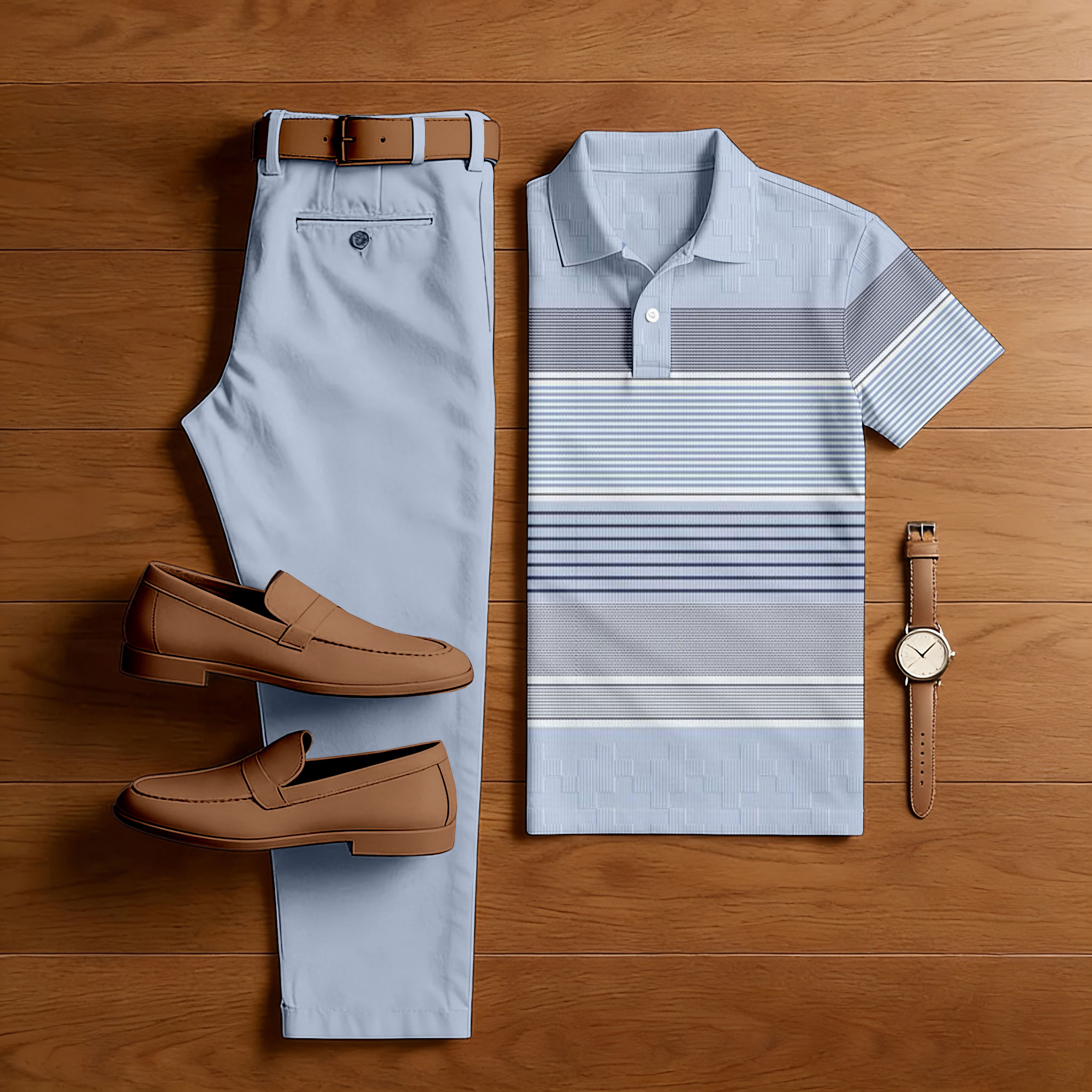 Men's Casual Blue Color Matching Geometric Printed Short Sleeved Polo Shirt & Trousers Two-Piece Set 15