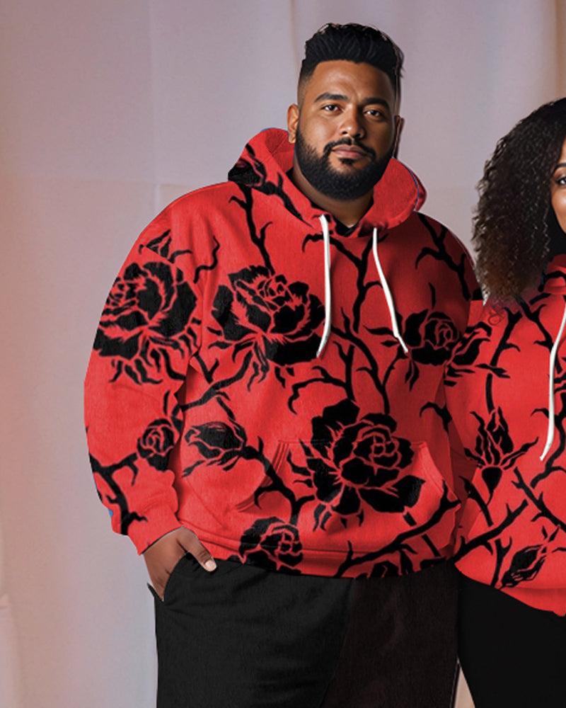 Couple Plus Size Rose Print Hoodie Set