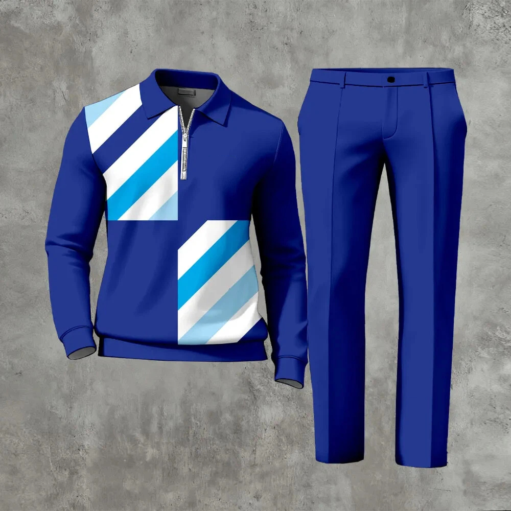 Men's Casual Color Matching Printed Polo-Collar Zipper Long Sleeved Trousers Two-Piece Set