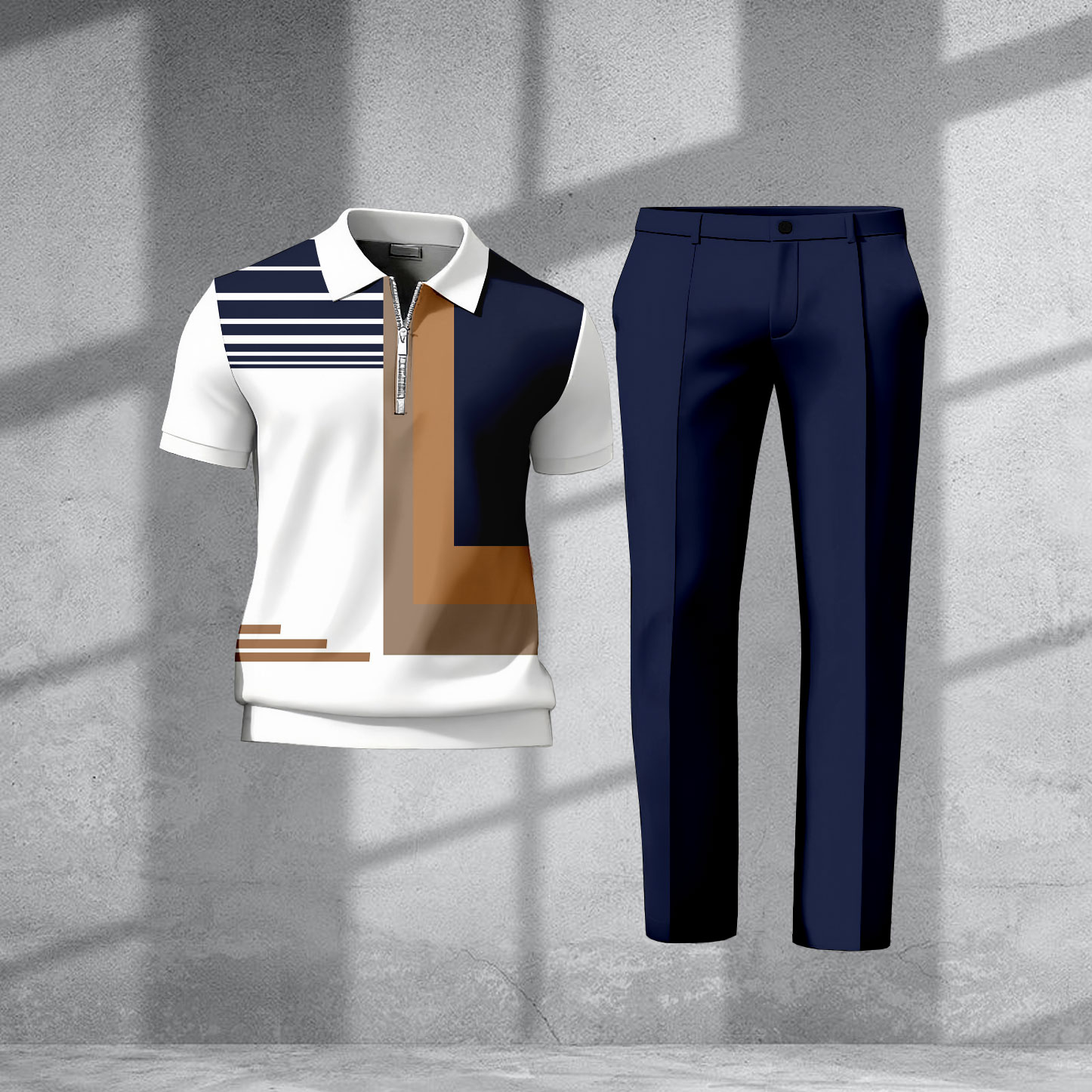 Men's Casual Navy Blue & White Color Matching Geometric Printed Zipper Short Sleeved Polo Shirt & Trousers Two-Piece Set