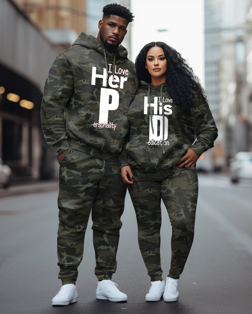 Couple's Large Size His/Her Edicaton Camouflage Hoodie Set
