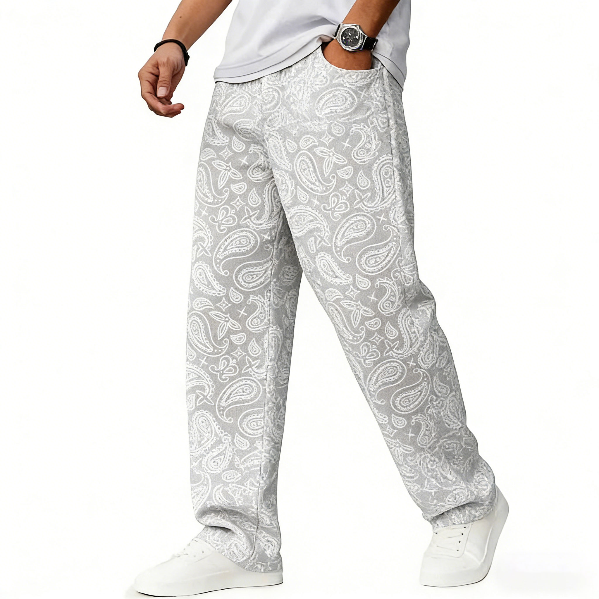 Men's Fashion White Pattern Printed Straight Leg Trousers 204212
