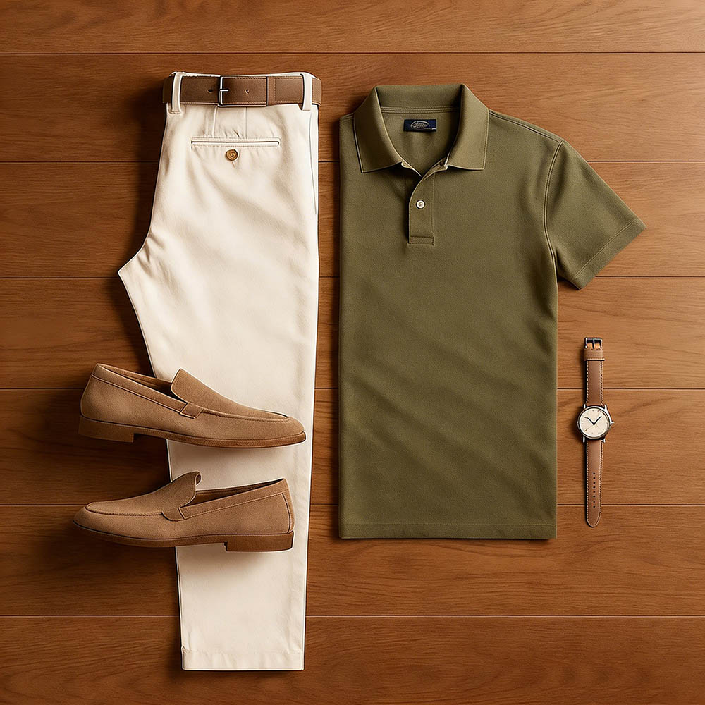 Men's Casual Arm Green & Khaki Color Matching Short Sleeved Polo Shirt & Trousers Two-Piece Set