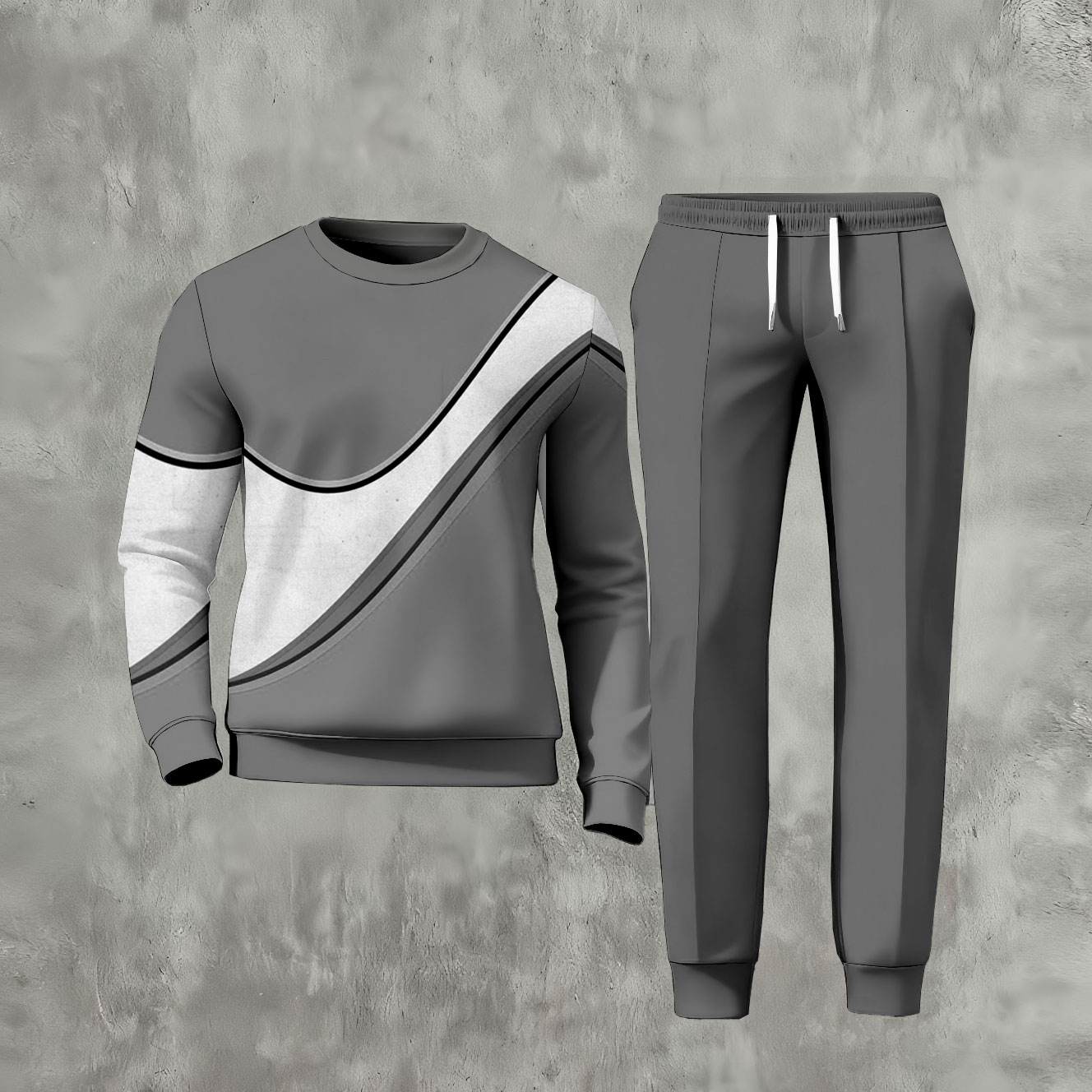 Men's Casual Gray Color Matching Asymmetric Printed Round Neck Long Sleeved & Sweatpants Two-Piece Set