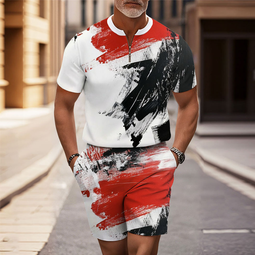 Men's Fashion Casual Round-Neck Geometric Printed Short-Sleeved Two-Piece Set