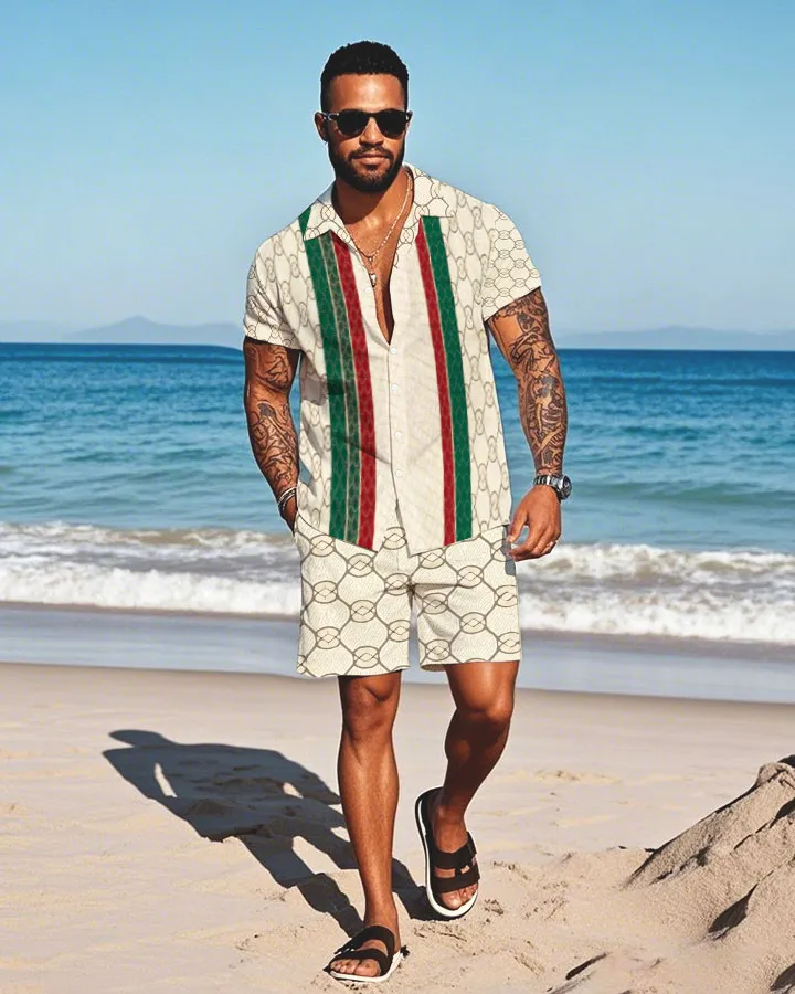 Men's Fashion Casual Lapel Collar Geometric Printed Short-Sleeved Two-Piece Set