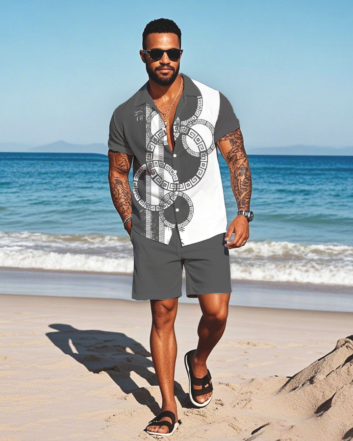 Men's Fashion Casual Lapel Collar Geometric Printed Short-Sleeved Two-Piece Set