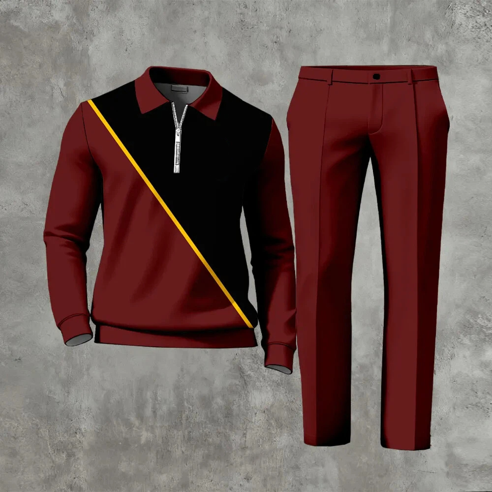 Men's Christmas Color Matching Printed Polo-Collar Zipper Long Sleeved Trousers Two-Piece Set