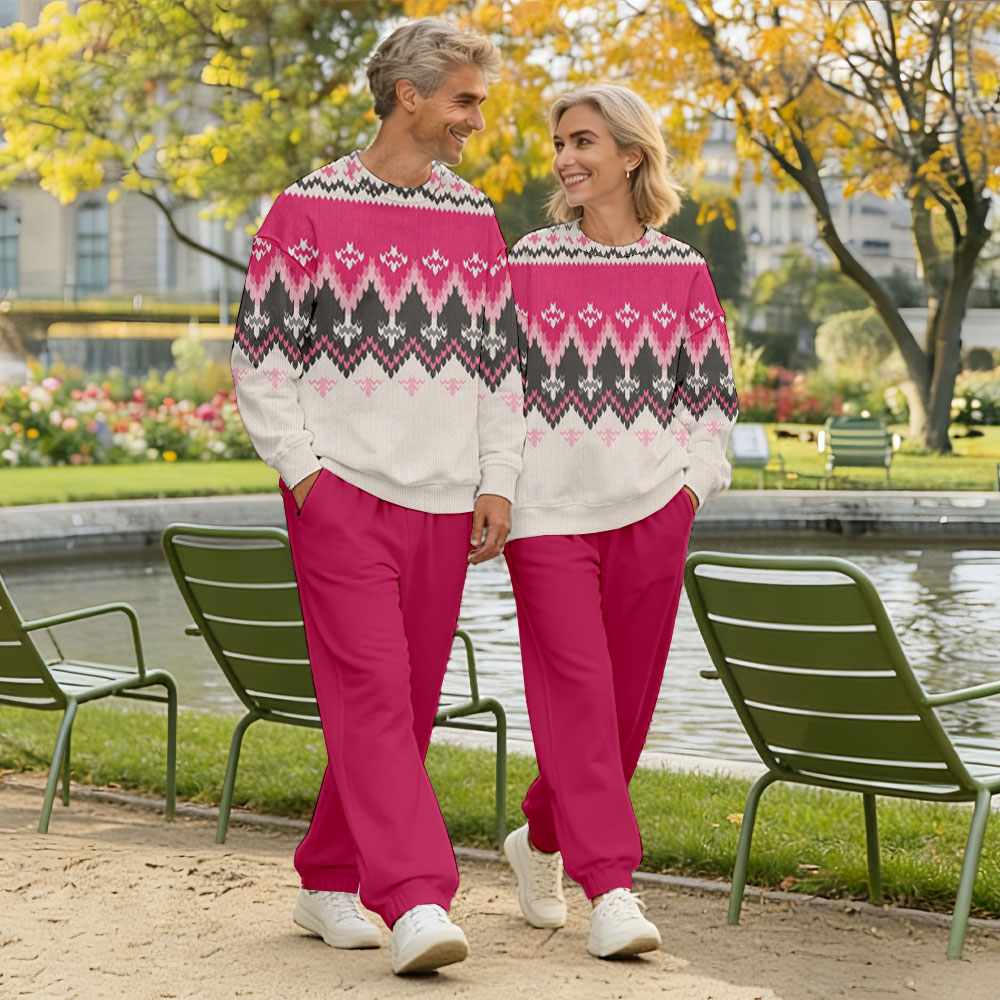 Valentine's Day Rose Red & Beige Color Matching Vintage Printed Long Sleeved Sweatshirt & Sweatpant Two-Piece Set