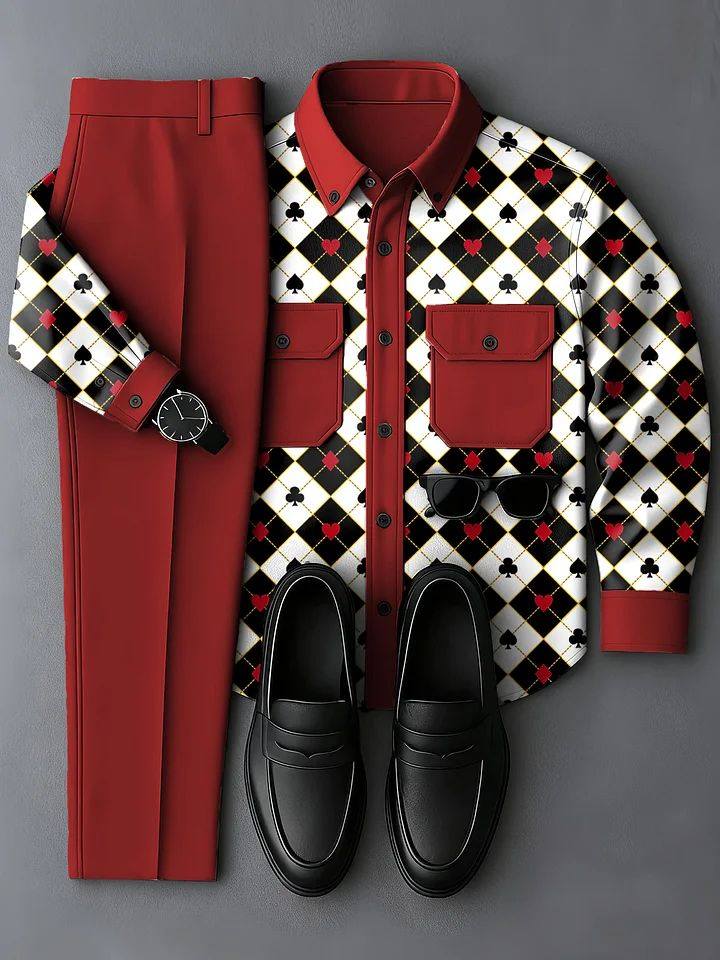 Men's Casual Red & White Color Matching Checkered Art Printed Long Sleeved Shirt & Trousers Two-Piece Set