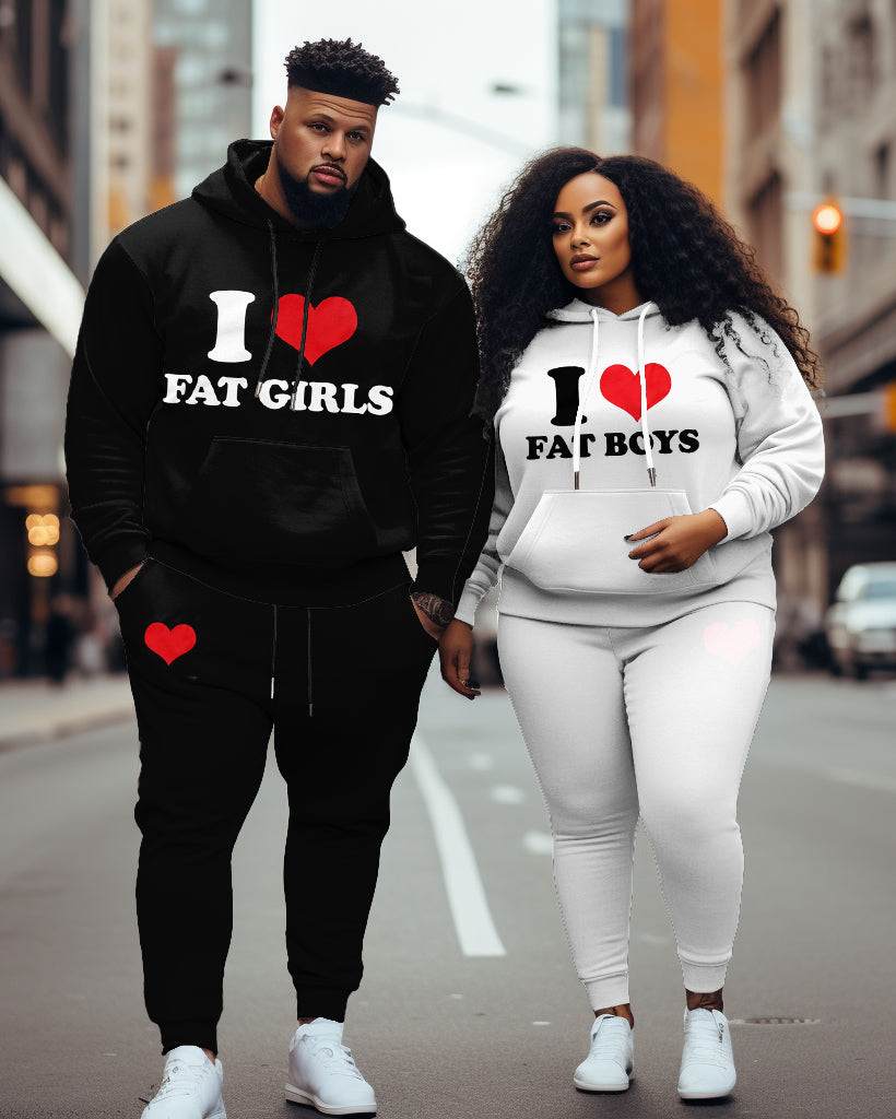Couple Plus Size Casual I Love Fat Guy/Girl Hoodie Set