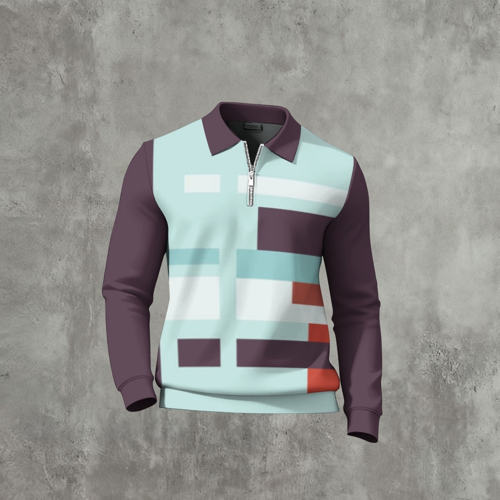 Men's Casual Color Matching Printed Polo-Collar Zipper Long Sleeved Shirt
