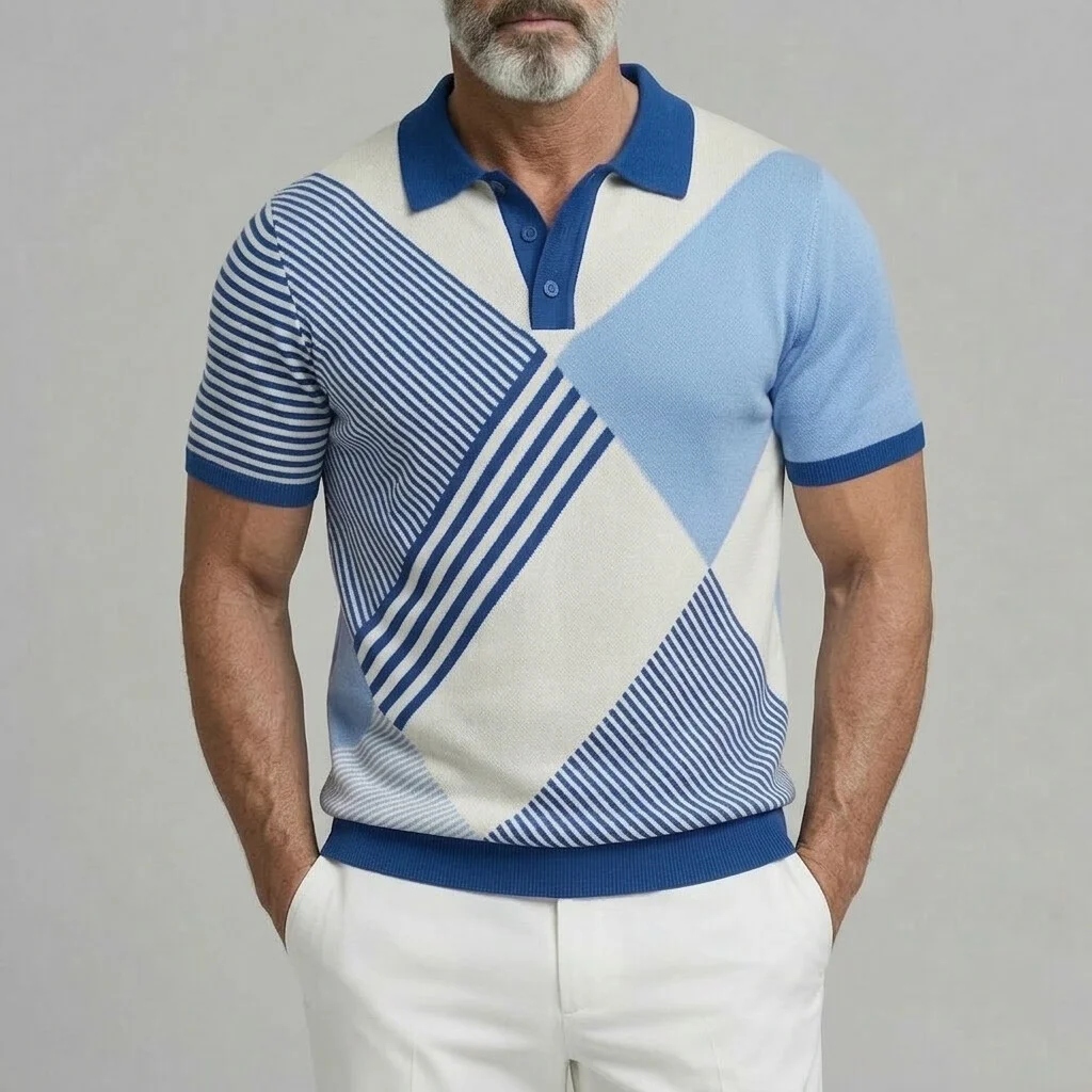 Men's Casual Color Block Striped Pattern Turndown Collar Polo Shirt