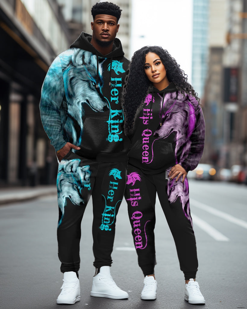 Couple Plus Size Wolf Hoodie & Sweatpants Set "She Keeps Me Wild-He Keeps Me Safe"