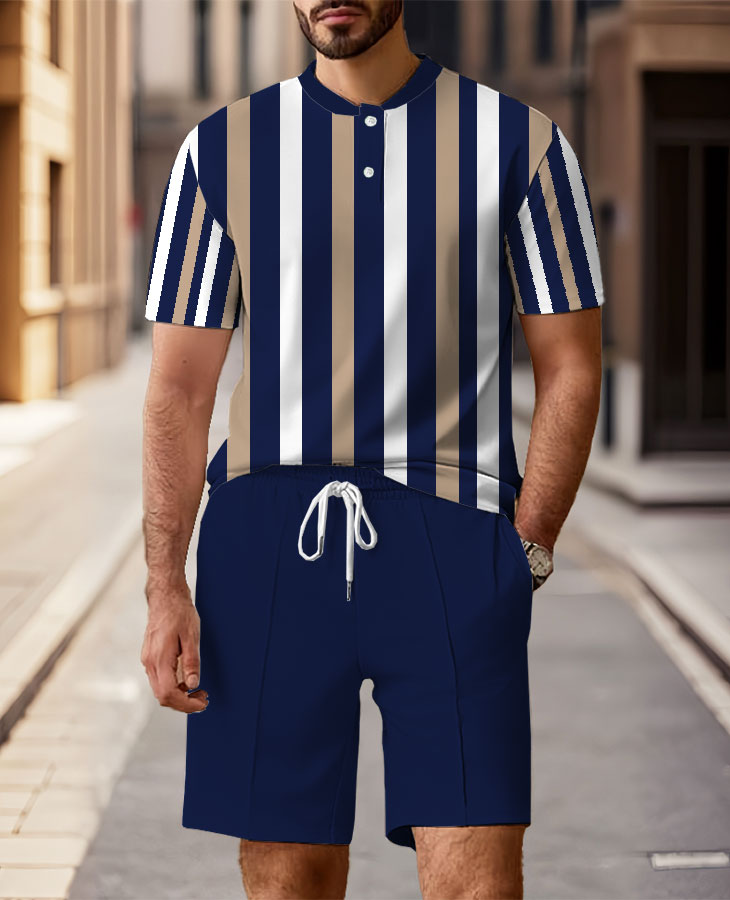 Men's Fashion Casual Round-Neck Geometric Printed Short-Sleeved Two-Piece Set