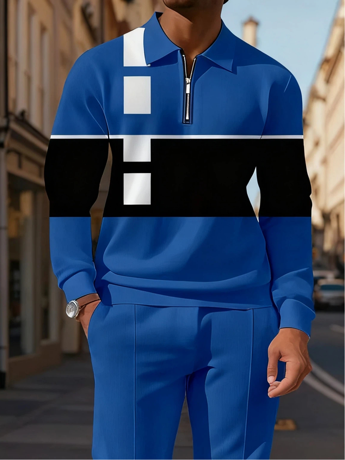 Men's Casual Colorblock Personalized Long Sleeve Polo Shirt Set 004