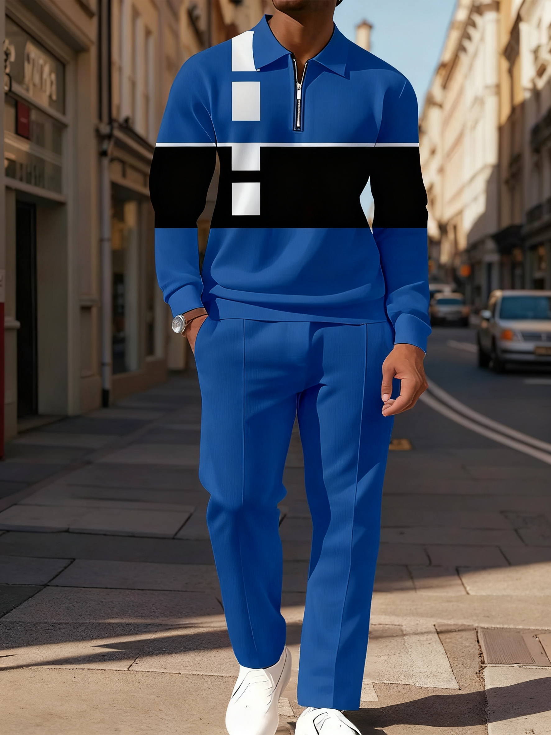 Men's Casual Colorblock Personalized Long Sleeve Polo Shirt Set 004