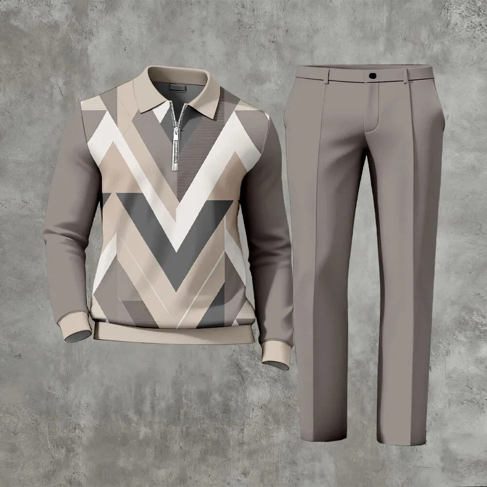 Men's Casual Color Matching Printed Polo-Collar Zipper Long Sleeved Trousers Two-Piece Set