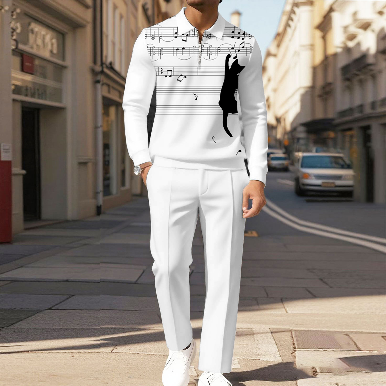 Men's Casual Cats And Sheet Music Printed Polo-Collar Zipper Long Sleeved Trousers White Two-Piece Set