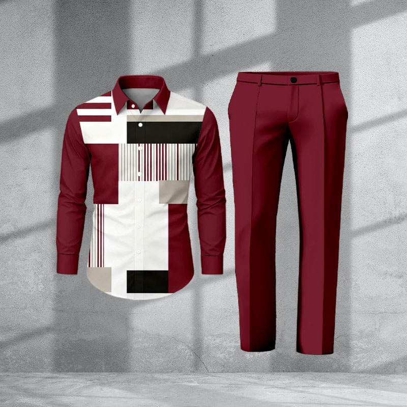 Men's Casual Maroon & Black & White Color Matching Geometric Print Long-Sleeve Shirt & Trousers Two-Piece Set