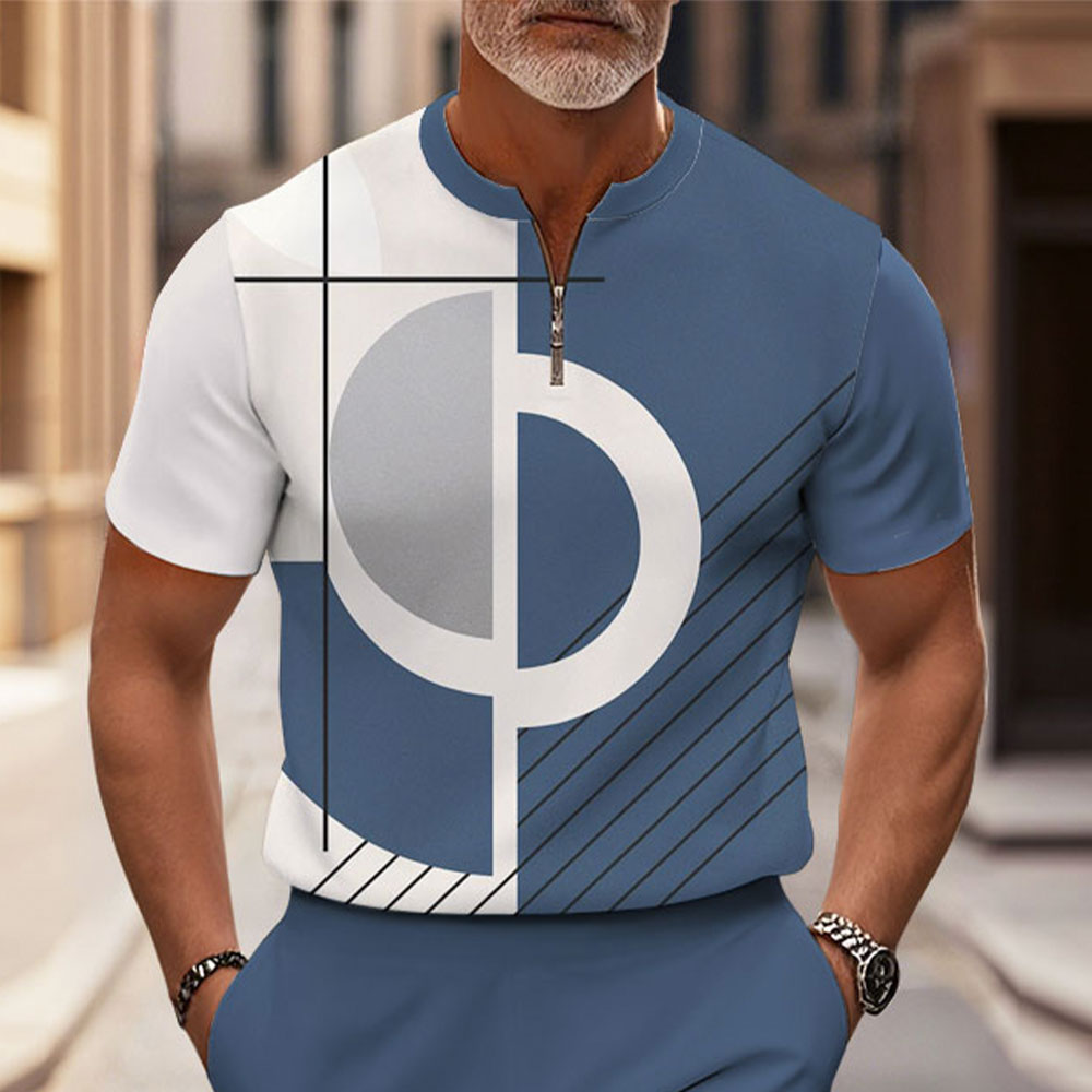 Men's Fashion Casual Round-Neck Geometric Printed Short-Sleeved Two-Piece Set 8264