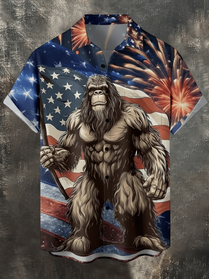 4th of July Men's Western Cowboy Vintage Short Sleeve Shirt - Patriotic Pattern Casual American Style