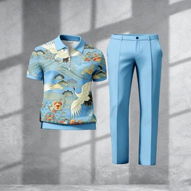 Men's Casual Royal Green Crane Short-Sleeved Half-Zip Polo Shirt And Royal Green Trousers Two-Piece Set