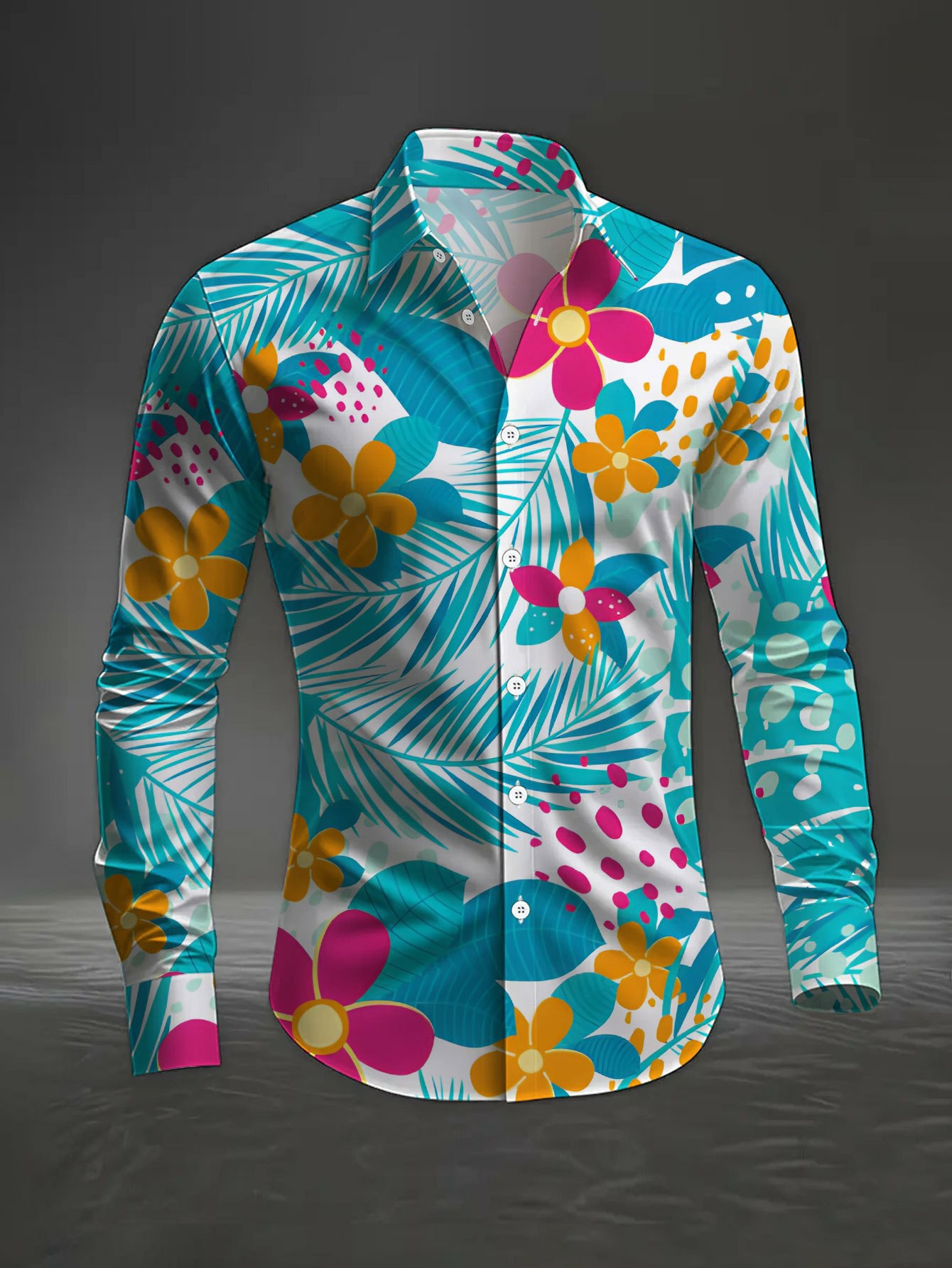 Men's Hawaii Lake Blue & White Color Matching Flower Print Long-Sleeve Shirt