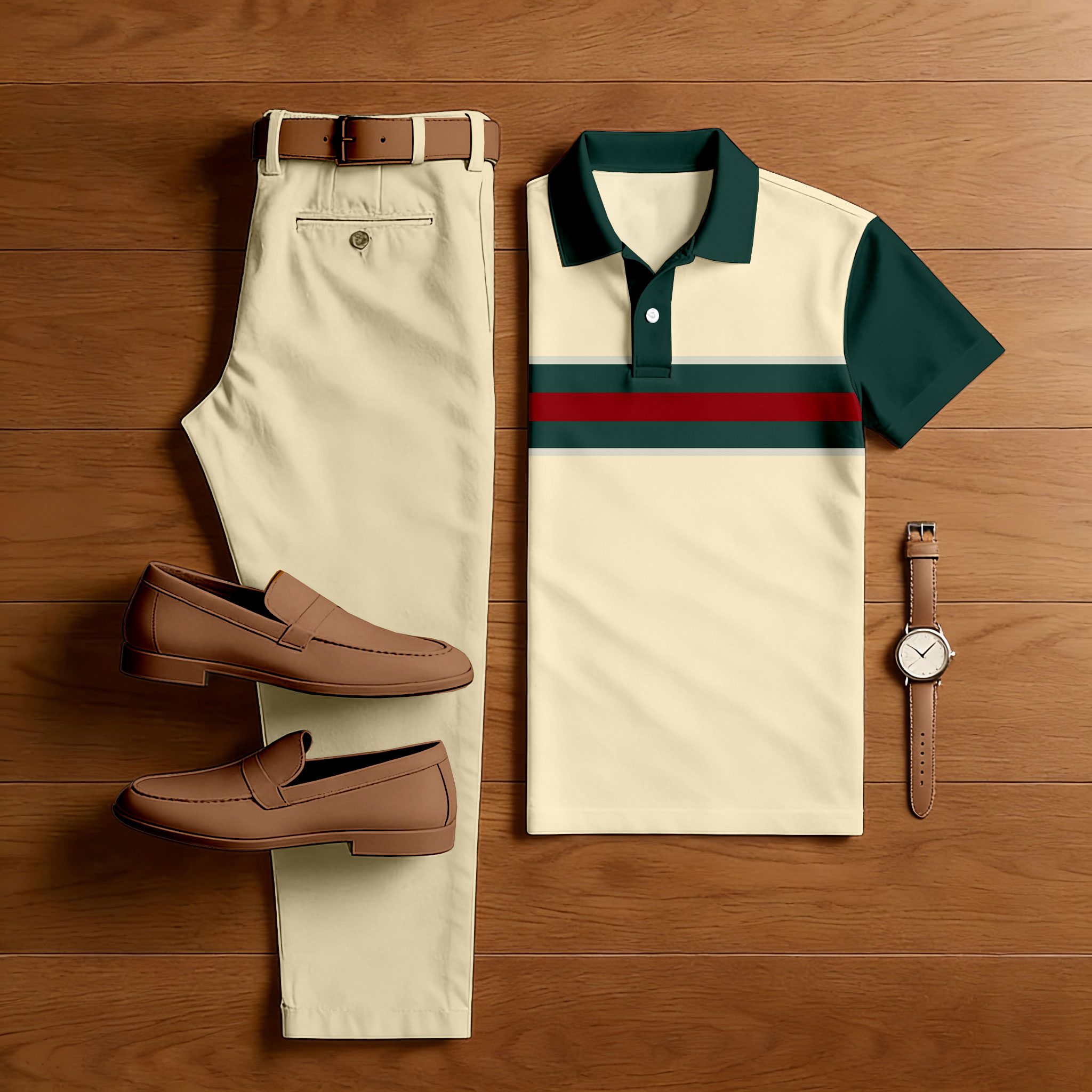 Men's Casual Light Yellow & Green Color Matching Printed Short Sleeved Polo Shirt & Trousers Two-Piece Set